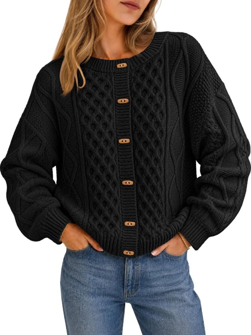 Trendy Women's Chunky Cable Knit Cardigan Sweater with Button Up Closure